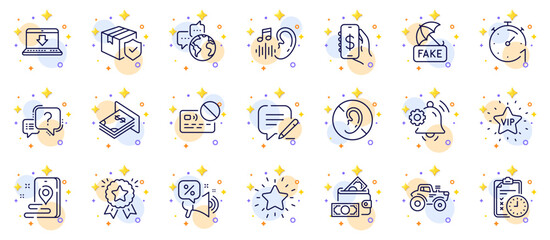 Outline set of Atm money, No hearing and Ranking star line icons for web app. Include Vip star, Fake news, Parcel insurance pictogram icons. Exam time, Discounts offer, Place signs. Vector