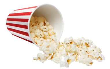 Delicious popcorn falling out of red striped paper cup, cut out