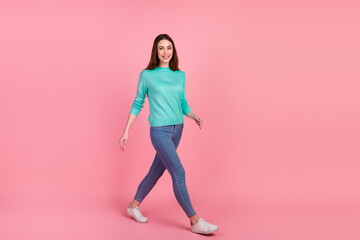Full size photo of positive optimistic lady look sweet cute walk weekend isolated pastel color background
