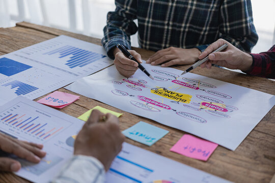 The beginning of a new business, modern young businessmen, meeting ideas, professional investors, working on projects, starting a new one. Brainstorm business planning ideas in Office