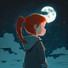 cartoon kid girl with auburn hair and pony tail looking at night sky back profile  - obrazy, fototapety, plakaty