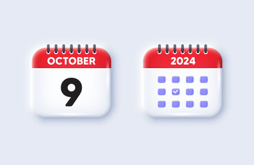 Calendar date 3d icon. 9th day of the month icon. Event schedule date. Meeting appointment time. 9th day of October month. Calendar event reminder date. Vector