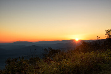 Sunrise at Ouachita national park, with mist over the valleys between the mountains