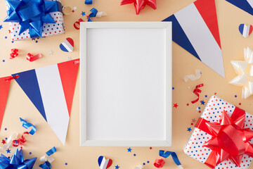 Obraz premium Idea for patriotic celebrations on Bastille Day. Top view composition of french flag garlands, presents with bows, stars, hearts, confetti on pastel beige background with frame for advert or text