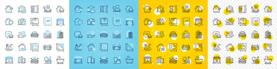 Vector icons set of Lounge place, Mortgage and Market seller line icons pack for web with Open door, Building energy, Triangle area outline icon. Furniture, Arena stadium, Lighthouse pictogram. Vector