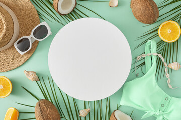 Idea of an oceanfront summer weekend. Top view shot of swimsuit, sun hat, sunglasses, coconuts, oranges, palm leaves, shell bracelet, seashell on turquoise background with blank circle for promo