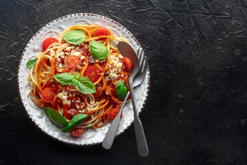 Spaghetti marinara, pasta with tomato sauce and basil, overhead flat lay shot on a black slate background with copy space