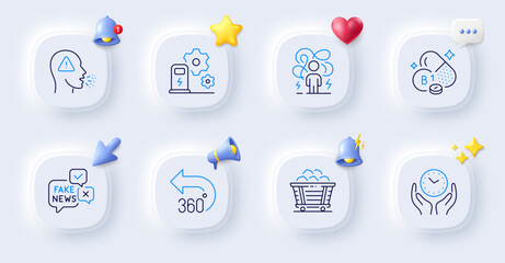Coal trolley, Thiamine vitamin and Charging station line icons. Buttons with 3d bell, chat speech, cursor. Pack of Safe time, 360 degrees, Fake news icon. Cough, Difficult stress pictogram. Vector