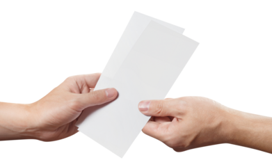 Hands sharing two blank sheets of paper (tickets, flyers, invitations, coupons, money, etc.), 