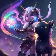 adorable cute attractive dark elf girl with cute rainbow unicorn fluffy animated dark background almost black dynamic full body pose magical galaxy dust glowing particles 8k detailed game art magic 