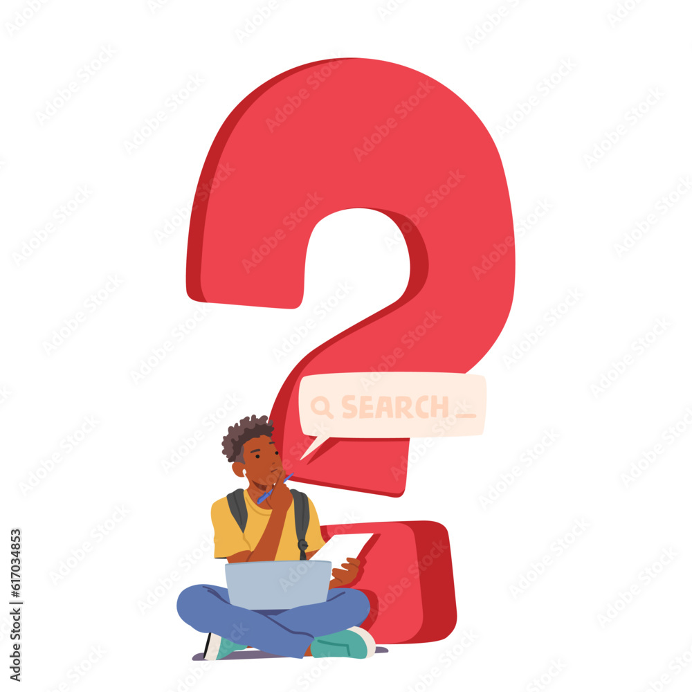 Poster thoughtful man searching for information on laptop with huge question mark and speech bubble, signif