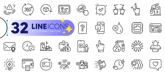 Outline set of Winner podium, Move gesture and No waterproof line icons for web with Correct answer, Wallet, Graph chart thin icon. Inspiration, People talking, 360 degrees pictogram icon. Vector