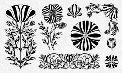 Floral poppy plant in art nouveau 1920-1930. Hand drawn in a linear style with weaves of lines, leaves and flowers.
