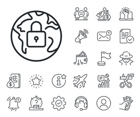 Internet protection sign. Salaryman, gender equality and alert bell outline icons. Lock line icon. Web security padlock symbol. Lock line sign. Spy or profile placeholder icon. Vector