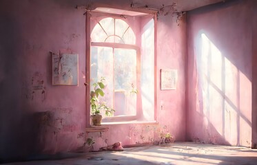 an old pink pale wall where the painting is pealing off the wall has an old window where the sun is shining through cinema light light and shadow photorealistic 8k 