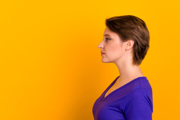 Profile photo of attractive business lady short bob hairstyle wear casual outfit isolated yellow color background