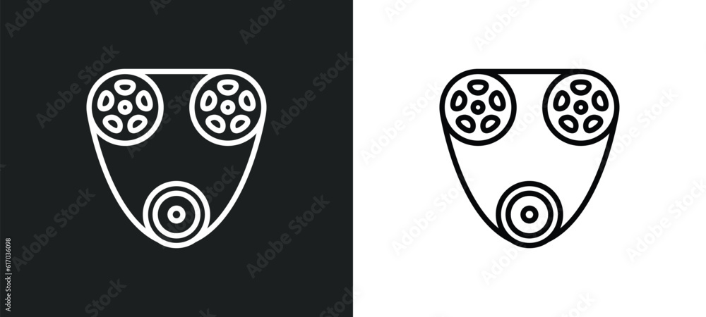 Poster timing belt line icon in white and black colors. timing belt flat vector icon from timing belt colle