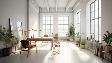 Fototapeta premium Minimalist interior with wooden furniture and modern look