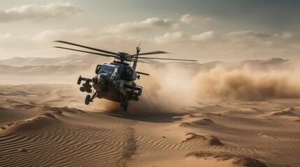 Fototapeta na wymiar Helicopter flying and landing in the desert