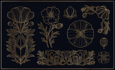 Floral poppy plant in art nouveau 1920-1930. Hand drawn in a linear style with weaves of lines, leaves and flowers.