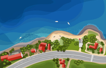 Coastline with road and houses on a summer day from top. Vector illustration - 617036295