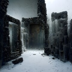 inside maze Wall texture ruins cinematic dirty detailed 50mm imax alone winter maze ruins water dripping mirrors shattered glass time chaos energy 8k render 