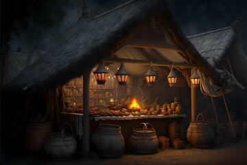 photo of a medieval fantasy market booth strange objects lanterns weapons jewelry the cloth covered vegetable stables fire pits smoke cinematic photo realistic extremely detailed  - obrazy, fototapety, plakaty