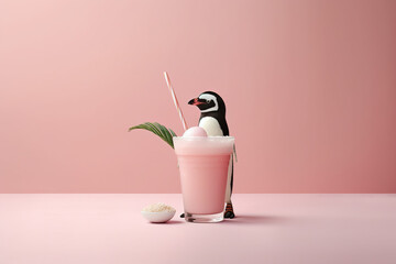 Image of Chill Vibes: Cold Beverage Captured on a Pink Background, Penguin Behind the Glass printed on Printed Glass Splashbacks