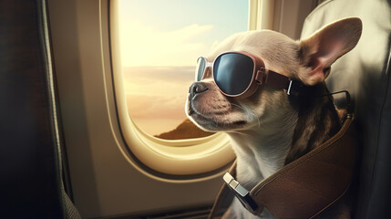 Dog in sunglasses sitting in airplane and traveling on vacation, generative ai