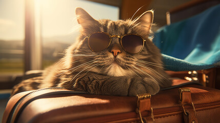 Cat in sunglasses on vacation with travel baggage, generative ai
