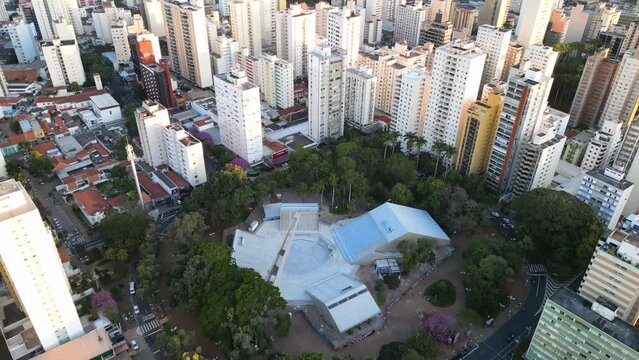 Campinas, Sao Paulo, Brazil. June 23, 2023. Aerial image of three central districts of Campinas: Vila Itapura, Cambu&iacute; and Jardim Guanabara. Sunset and blue sky.