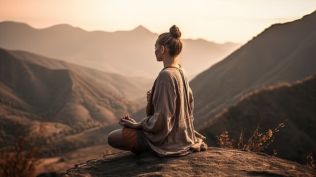 Woman meditating on top of a mountain
