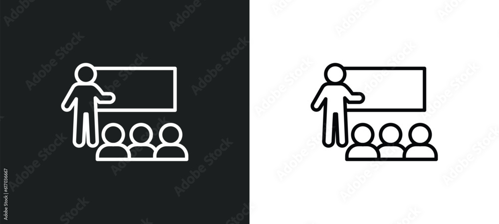 Poster business presentation line icon in white and black colors. business presentation flat vector icon fr