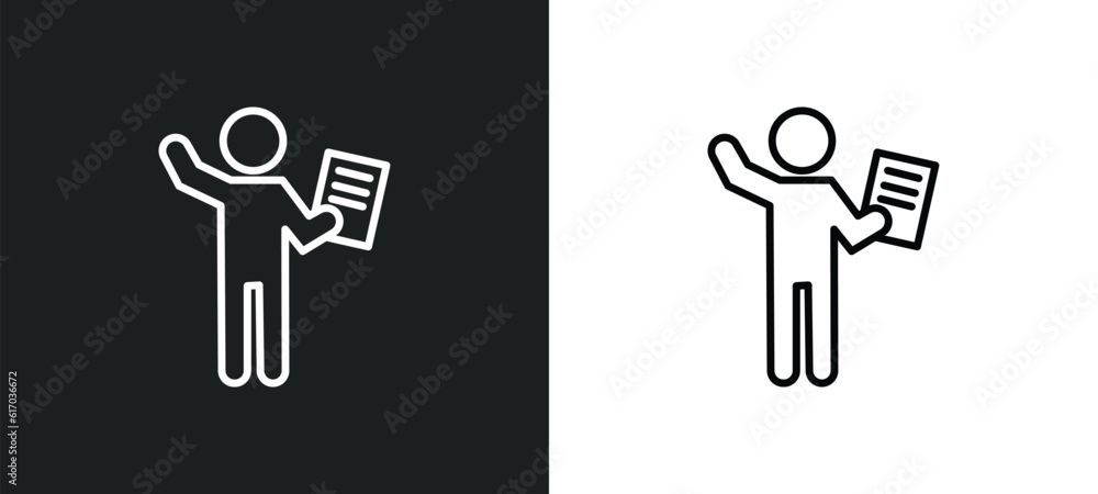 Poster worker with notepad line icon in white and black colors. worker with notepad flat vector icon from w