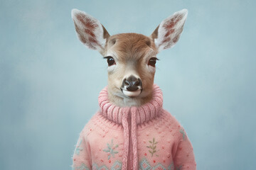 Adorable Bambi: Portrait of a Young Deer in a Pink Sweater on a Blue Background. AI generated. - obrazy, fototapety, plakaty