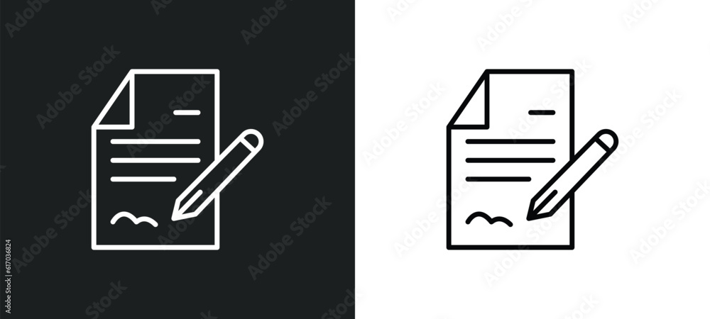 Poster contract line icon in white and black colors. contract flat vector icon from contract collection for