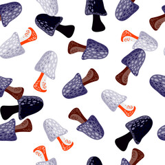 Magical fly agaric wallpaper. Seamless pattern with fairytail mushrooms.