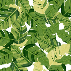 Hawaiian-inspired pattern. Fashionably exotic, palm trees and lush greenery wallpaper. Abstract backdrop botanical garden.