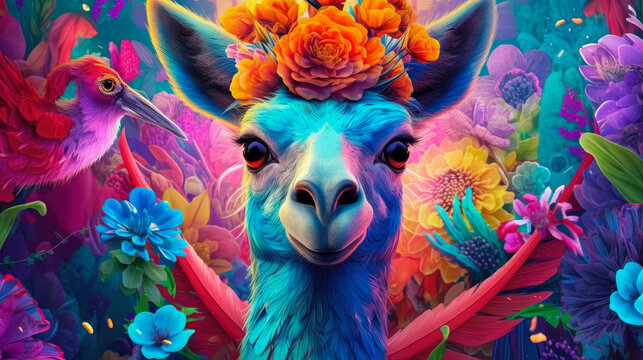 Close-up portrait of a Ilama with colorful vibes. Wildlife animals.