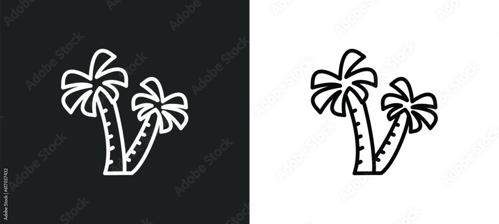 Poster palm trees line icon in white and black colors. palm trees flat vector icon from palm trees collecti