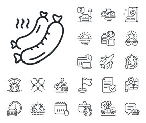 Barbecue meat food sign. Plane jet, travel map and baggage claim outline icons. Grilled sausage line icon. Hot grill wiener symbol. Grilled sausage line sign. Car rental, taxi transport icon. Vector