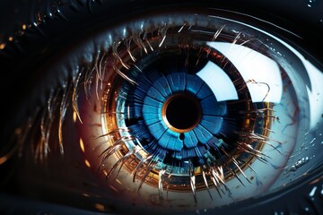 Eye pupil of a robot, cybernetic eye. Futuristic eye of a robot. Generative AI.