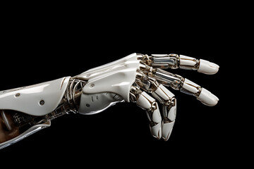 Robotic hand touching. Humanoid hand on black background. Robotic fingers. Generative AI