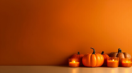 Naklejka na ściany i meble Pumpkin haloween background, minimalistic on orange background, generative ai, mockup, copy space