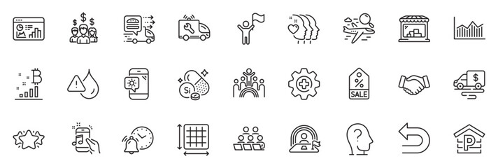 Fototapeta na wymiar Icons pack as Waterproof, Money diagram and Square area line icons for app include Teamwork, Leadership, Lgbt outline thin icon web set. Psychology, Search flight, Undo pictogram. Vector