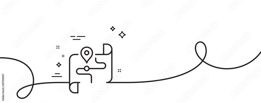 Poster map line icon. continuous one line with curl. road trip sign. journey route distance symbol. map sin