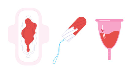 Set of personal hygiene item for menstruation. Used female tampon. Menstrual cup with blood inside. Used female pad with blood. Feminine hygiene. Blood-stained tampon. Vector illustration. © Morena