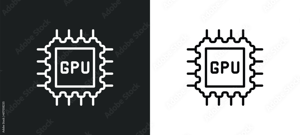 Poster gpu line icon in white and black colors. gpu flat vector icon from gpu collection for web, mobile ap