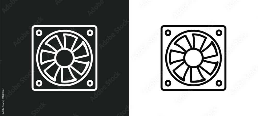 Poster computer fan line icon in white and black colors. computer fan flat vector icon from computer fan co