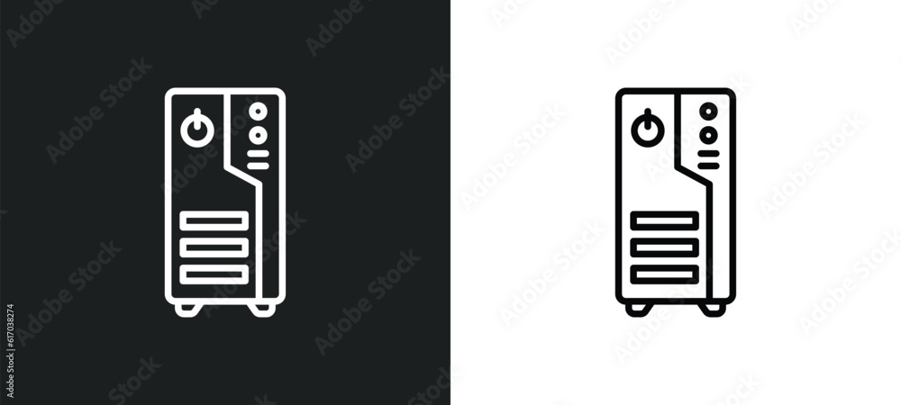 Poster computer case line icon in white and black colors. computer case flat vector icon from computer case